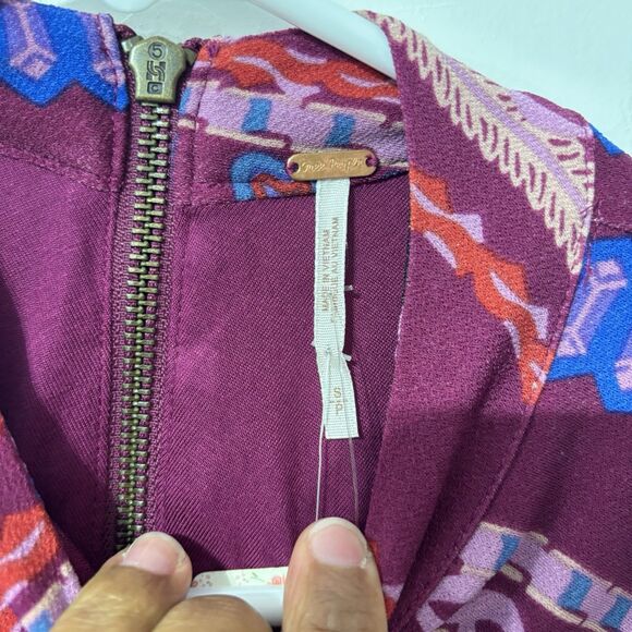 NWT Free People Purple Stella Mini Dress Small Mock Neck Tribal Print Bohemian - Picture 7 of 12